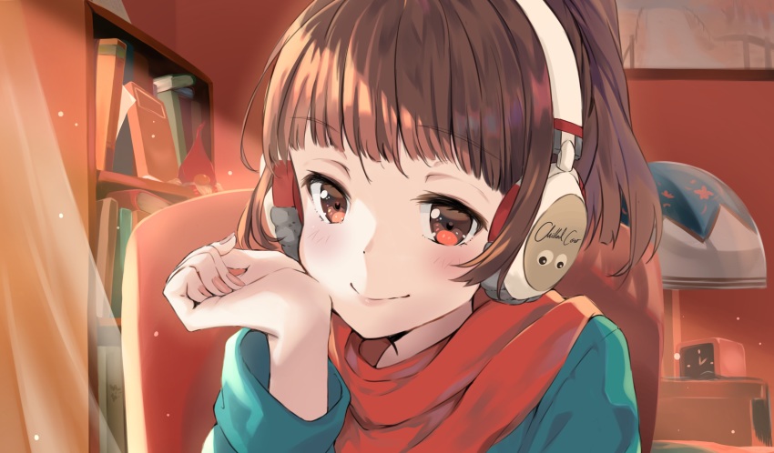 1girl absurdres alarm_clock blue_sweater brown_eyes brown_hair clock closed_mouth curtains dot_nose fingernails googly_eyes hand_up headphones highres indoors light_particles lofi_girl lofi_girl_(youtube) long_sleeves looking_at_viewer looking_to_the_side nail_polish pink_nails ponytail red_scarf scarf smile solo sweater timo_wei95