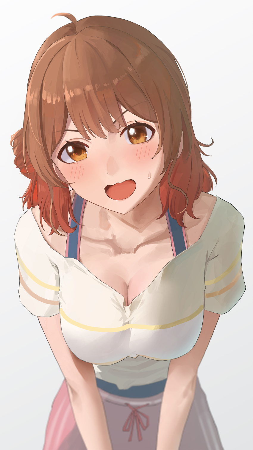 1girl absurdres ahoge breasts brown_hair cleavage collarbone commentary_request gakuen_idolmaster gradient_hair hair_bun hanami_ume highres idolmaster large_breasts looking_at_viewer multicolored_hair nofakeuk orange_hair pink_shorts shirt shorts simple_background single_side_bun solo striped_clothes striped_shirt sweatdrop