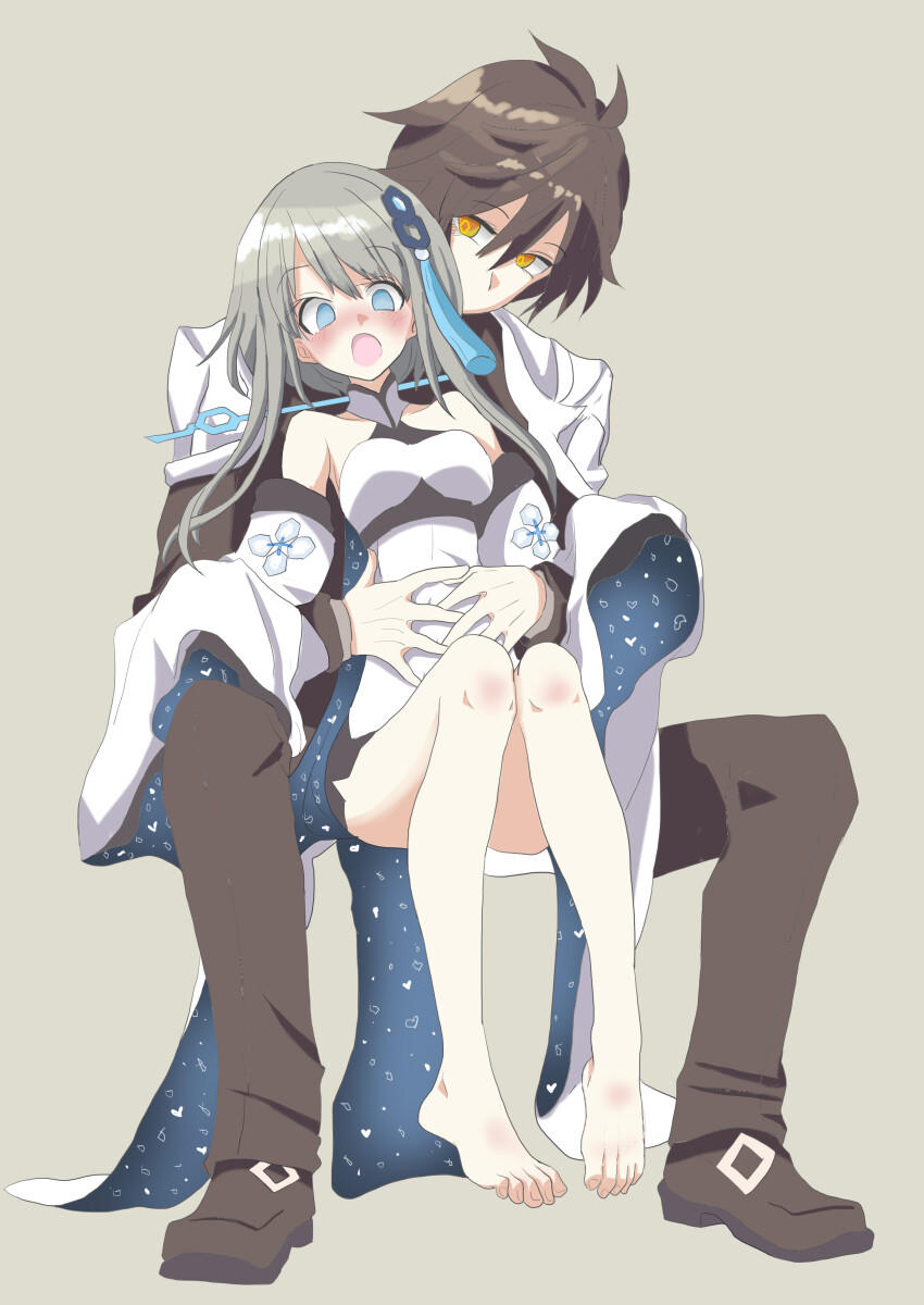 1boy 1girl absurdres bare_shoulders blue_eyes blush breasts brown_hair chinese_clothes chinese_hairpin couple detached_sleeves dress embarrassed formal_clothes full_body genshin_impact grey_hair guizhong_(genshin_impact) hair_between_eyes hair_ornament halter_leotard halterneck hands_on_another&#039;s_stomach hanfu height_difference highres jacket leotard long_sleeves open_mouth sitting sleeves_past_fingers sleeves_past_wrists small_breasts spread_legs suit tassel tassel_hair_ornament white_dress yellow_eyes yugongxizhao zhongli_(genshin_impact)