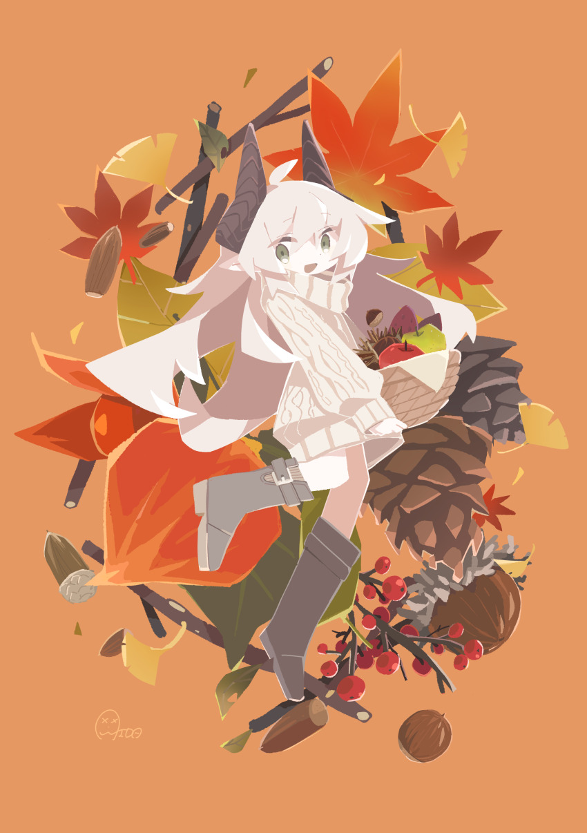 1girl :d absurdres acorn ahoge aida_(aidia) apple autumn autumn_leaves basket berry boots commentary_request dot_nose floating floating_hair food fruit full_body green_eyes grey_footwear grey_hair grey_sweater highres holding holding_basket horns leaf long_hair long_sleeves looking_at_viewer no_sclera nut_(food) open_mouth orange_background original pointy_ears puffy_long_sleeves puffy_sleeves smile solo stick sweater sweet_potato