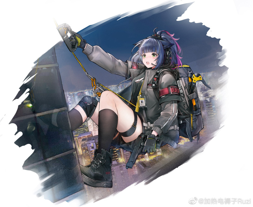 1girl animal_ears arknights backpack bag black_footwear black_gloves black_jacket black_shirt black_thighhighs blue_hair blush building cat_ears chinese_commentary cityscape commentary_request fingerless_gloves full_body gloves green_eyes gun handgun highres holding holding_gun holding_weapon ice_axe id_card jacket jessica_(arknights) jessica_(ash)_(arknights) jia_redian_ruzi_ruzi long_sleeves multicolored_hair navel night official_alternate_costume open_clothes open_jacket open_mouth pistol ponytail purple_hair rappelling shirt shoes short_hair socks solo thigh_strap thighhighs torn_clothes torn_shirt weapon weibo_watermark