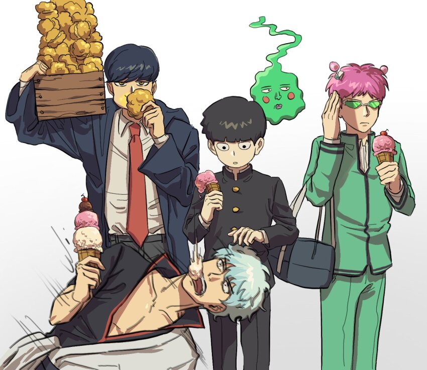 5boys antennae black_hair black_shirt bowl_cut closed_mouth covering_own_eyes cream_puff dropped_food eating ekubo_(mob_psycho_100) expressionless food gakuran gintama green-tinted_eyewear grey_hair highres holding holding_food holding_ice_cream ice_cream ice_cream_cone jacket japanese_clothes kageyama_shigeo kimono long_sleeves male_focus mash_burnedead mashle mob_psycho_100 multiple_boys namo_(mubulike) necktie open_clothes open_jacket open_mouth parted_lips pink_hair pk_academy_school_uniform red_necktie saiki_kusuo saiki_kusuo_no_psi_nan sakata_gintoki school_uniform shirt short_hair short_sleeves spirit sunglasses tinted_eyewear white_background white_shirt