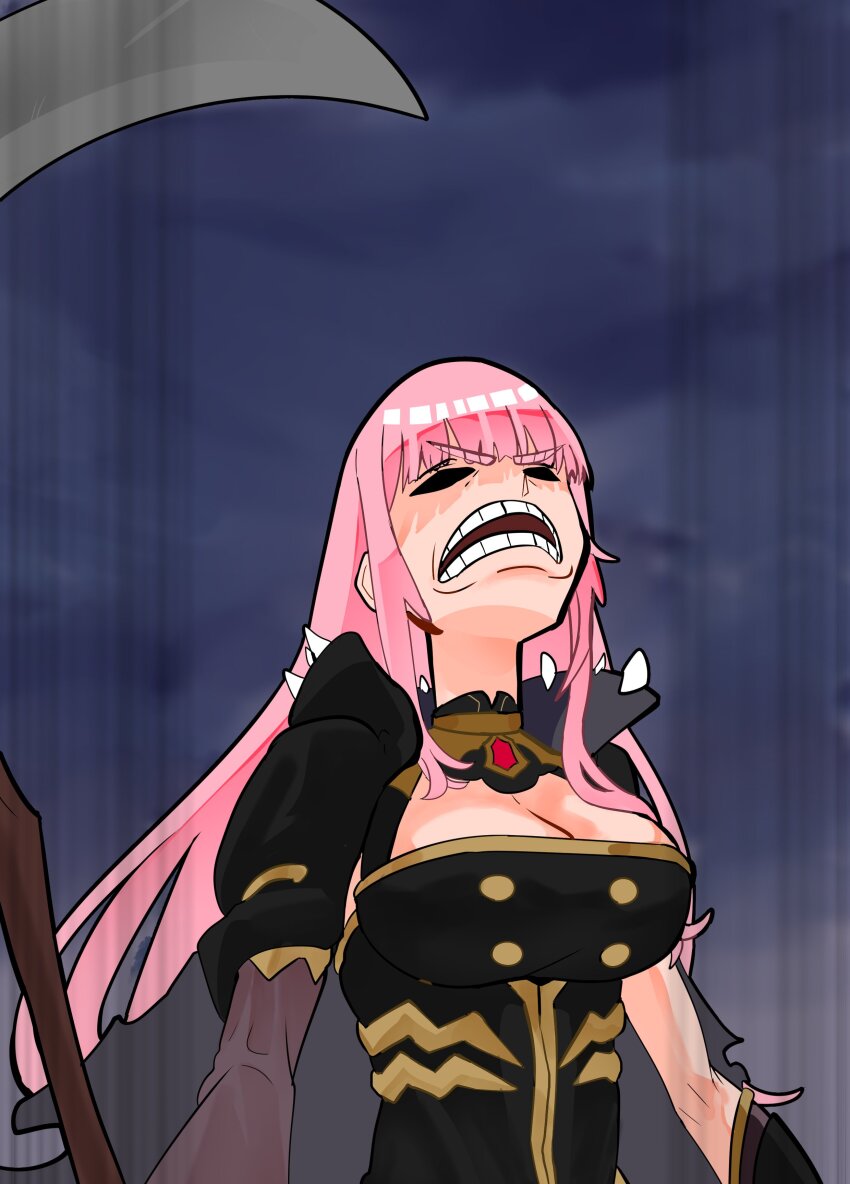 1girl absurdres black_cape black_dress breasts cape cleavage dress highres holding holding_scythe hololive hololive_english koizumi_arata large_breasts long_hair meme mori_calliope mori_calliope_(1st_costume) one_piece open_mouth overcast pink_hair scythe sky solo spiked_cape teeth the_one_piece_is_real_(meme) virtual_youtuber