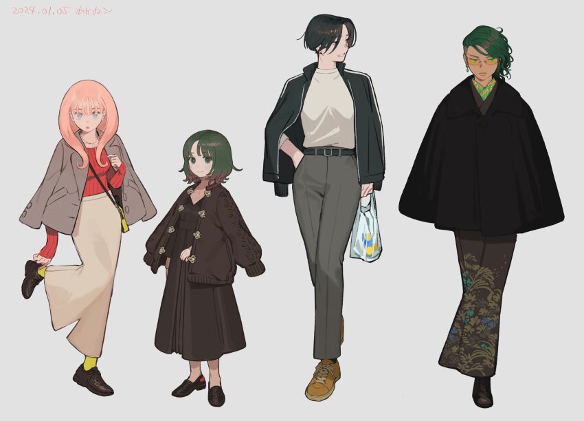 4girls adjusting_footwear akaneko_(redakanekocat) bag brown_dress brown_jacket brown_kimono commentary_request dress green_hair grey_pants group_picture hand_in_pocket handbag highres jacket jacket_on_shoulders japanese_clothes jewelry kimono lips long_skirt looking_at_viewer multiple_girls necklace original pants pencil_skirt pink_hair shirt_tucked_in short_hair skirt tinted_eyewear undercut white-framed_eyewear yellow-tinted_eyewear