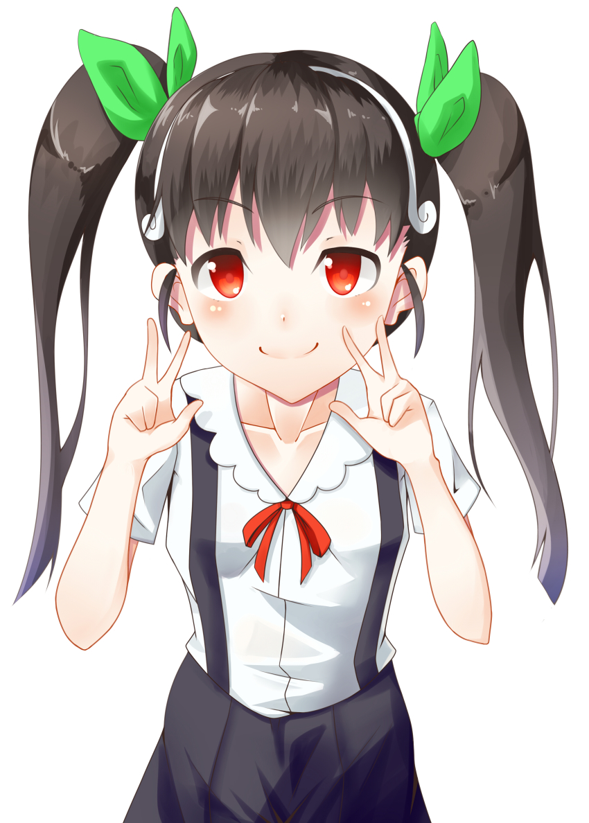 10s absurdres bad_id bad_pixiv_id bakemonogatari black_hair dacchi double_v hachikuji_mayoi hairband highres long_hair monogatari_(series) nisemonogatari red_eyes smile solo twintails v