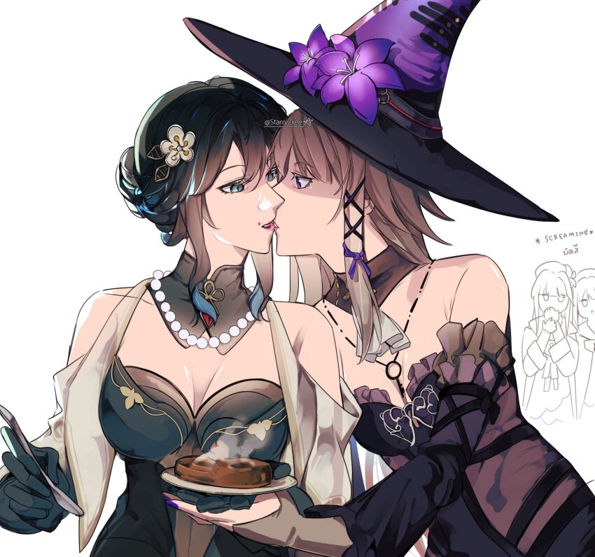 2girls ascot black_dress black_hat black_sleeves breasts brown_hair burnt_food cleavage clothing_cutout commentary detached_sleeves dress flower food food_on_face gloves green_dress green_eyes green_gloves hair_bun hat hat_flower herta_(honkai:_star_rail) highres holding holding_plate holding_spoon honkai:_star_rail honkai_(series) jewelry key key_necklace kiss long_hair long_sleeves looking_at_another multiple_girls necklace parted_lips pearl_necklace plate purple_eyes purple_flower purple_nails ruan_mei_(honkai:_star_rail) s_arrysky90 shoulder_cutout spoon strapless strapless_dress symbol-only_commentary the_herta_(honkai:_star_rail) twitter_username white_ascot witch_hat yuri