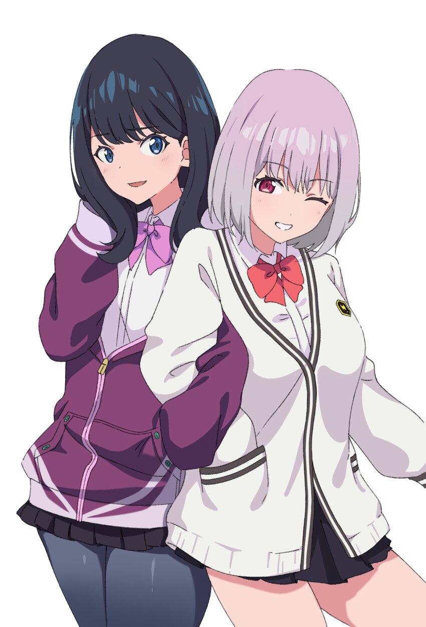 09_xyz ass black_hair black_skirt blue_eyes blush bow bowtie breasts cardigan collared_shirt cosplay costume_switch gridman_universe highres jacket large_breasts long_hair long_sleeves looking_at_viewer multiple_girls open_mouth pantyhose pleated_skirt purple_hair purple_jacket red_bow red_eyes school_uniform shinjou_akane shinjou_akane_(cosplay) shirt short_hair simple_background skirt smile ssss.gridman takarada_rikka takarada_rikka_(cosplay) thighs white_cardigan white_shirt