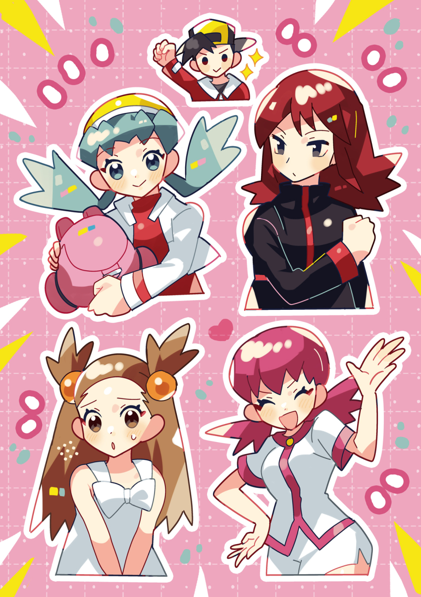 2boys 3girls :d :o ^_^ anidler91 backwards_hat baseball_cap black_eyes black_jacket blue_eyes blue_hair bow brown_eyes brown_hair closed_eyes creatures_(company) cropped_jacket dress dress_bow ethan_(pokemon) furrowed_brow game_freak grid_background hair_bobbles hair_ornament hat highres jacket jasmine_(pokemon) kris_(pokemon) long_hair multiple_boys multiple_girls nintendo no_sclera open_clothes open_jacket open_mouth pink_background pink_bag pink_hair pink_trim pokemon pokemon_gsc red_hair red_shirt shirt short_hair short_sleeves shorts silver_(pokemon) smile twintails two_side_up v-shaped_eyebrows v_arms white_bow white_dress white_jacket white_shirt white_shorts whitney_(pokemon) yellow_hat