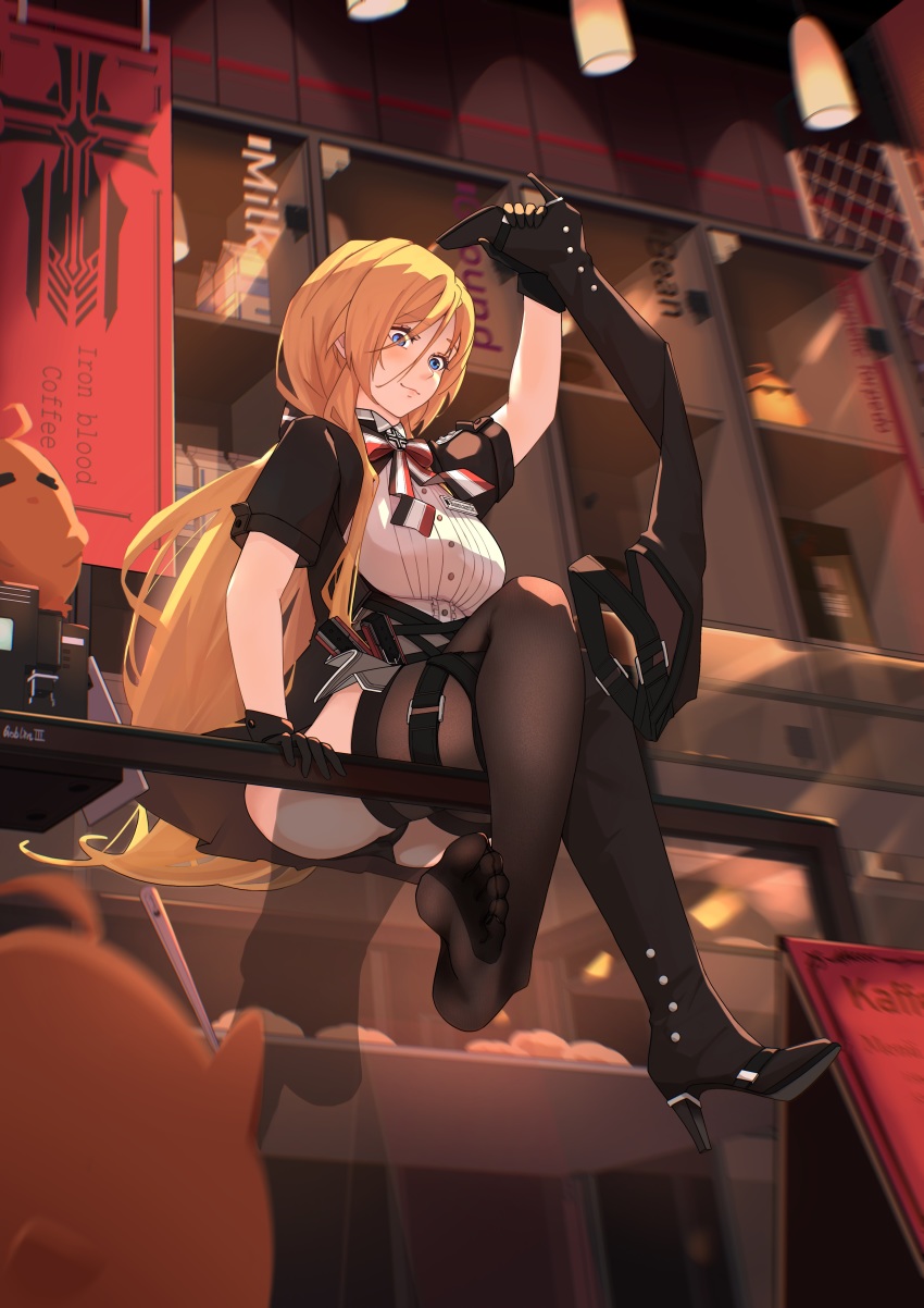 1girl absurdres azur_lane bismarck_(azur_lane) bismarck_(iron_black_elysium)_(azur_lane) black_boots blonde_hair blue_eyes boots crossed_legs feet highres holding holding_boots holding_footwear holding_unworn_clothes long_hair looking_at_viewer panties pantyshot see-through_clothes see-through_legwear shoes sitting smile soles thigh_boots toes underwear unworn_boots unworn_shoes