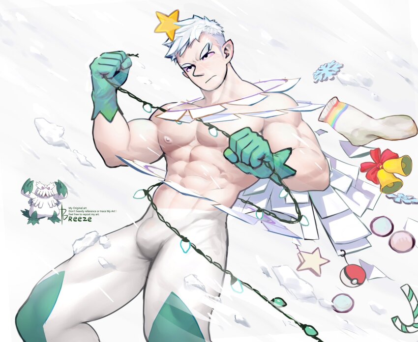 1boy abomasnow abs artist_name bara breezem18 bulge christmas_lights christmas_ornaments commentary creatures_(company) english_commentary game_freak gen_4_pokemon gloves green_gloves highres male_focus muscular muscular_male nintendo nipples paid_reward_available pectorals personification pointy_ears pokemon reference_inset short_hair single_sock snow socks solo topless_male undercut unworn_socks white_background white_hair