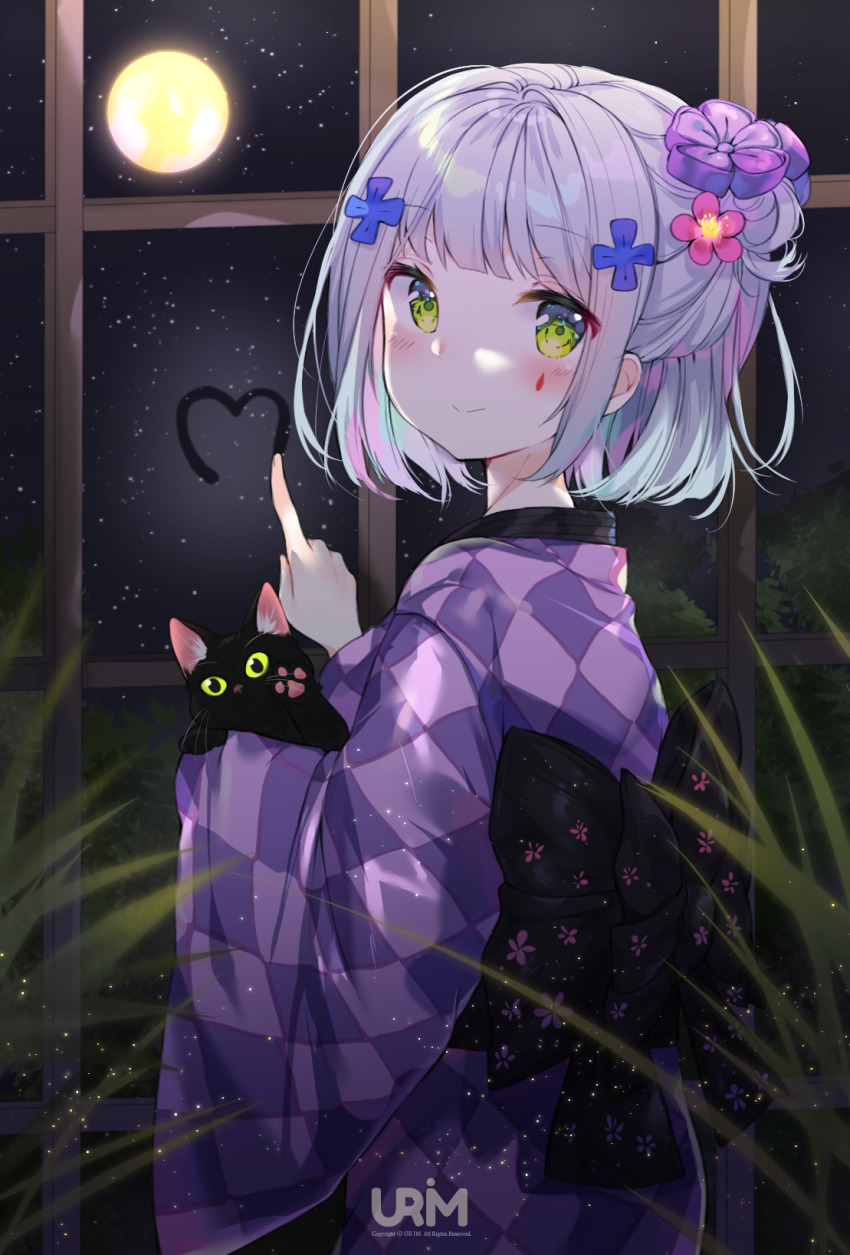 1girl animal animal_ear_fluff argyle_clothes argyle_kimono back_bow bad_id bad_pixiv_id black_bow black_cat blunt_bangs blush bow cat closed_mouth colored_sclera facial_mark flower full_moon girls&#039;_frontline glass_writing green_eyes green_sclera hair_bun hair_flower hair_ornament heart highres hk416_(girls&#039;_frontline) holding holding_animal holding_cat indoors japanese_clothes kimono long_sleeves looking_at_viewer looking_back moon night pink_flower purple_kimono side_bun sidelocks single_hair_bun single_side_bun smile solo urim_(paintur) whiskers window yukata