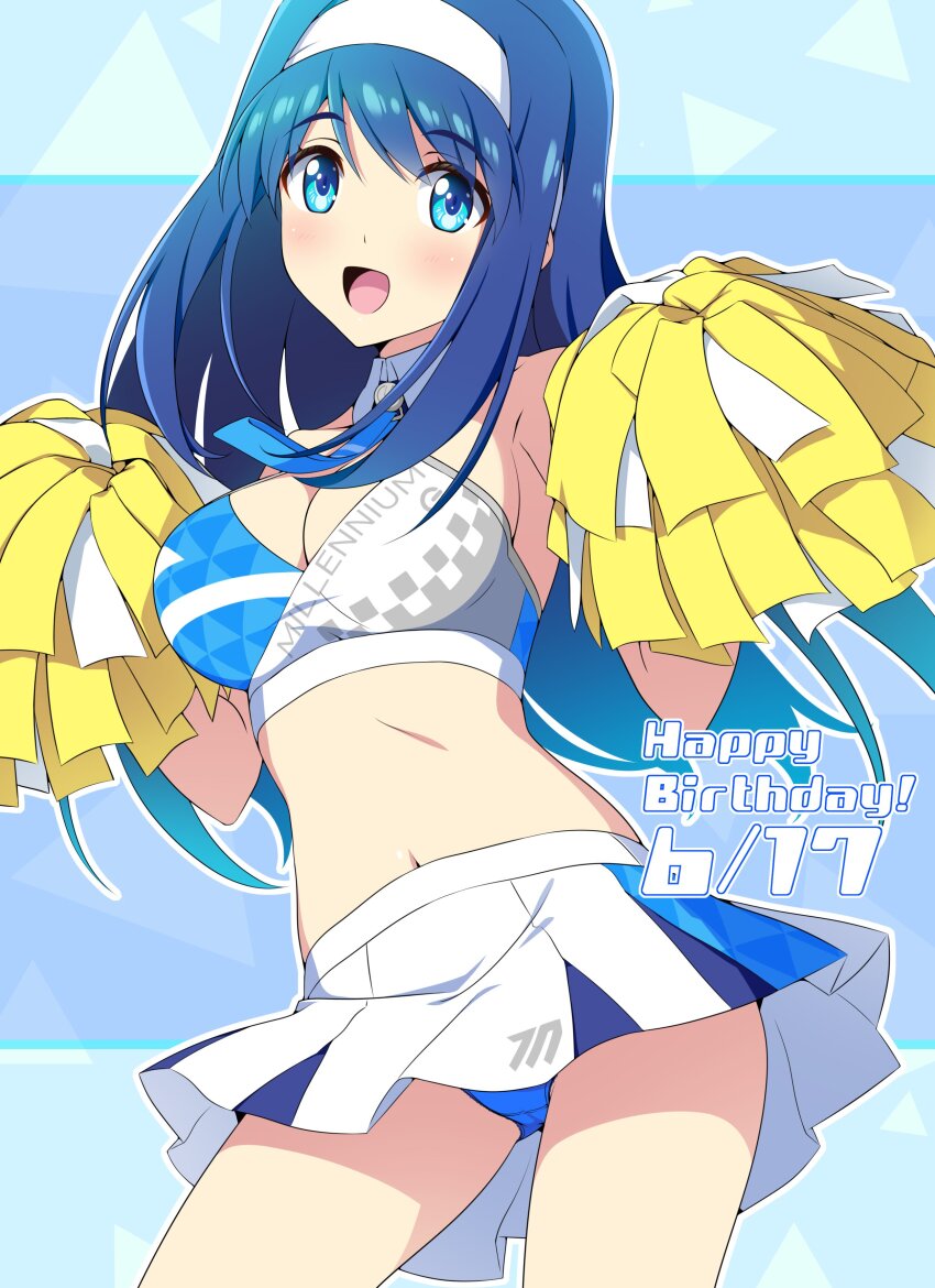 1girl absurdres blue_archive blue_eyes blue_hair blue_panties blush breasts cheering cheerleader crop_top dated futaba_aoi_(vividred_operation) hairband happy_birthday highres holding holding_pom_poms long_hair midriff miniskirt navel nonbe open_mouth panties pleated_skirt pom_pom_(cheerleading) pom_poms skirt smile underwear vividred_operation white_hairband white_skirt