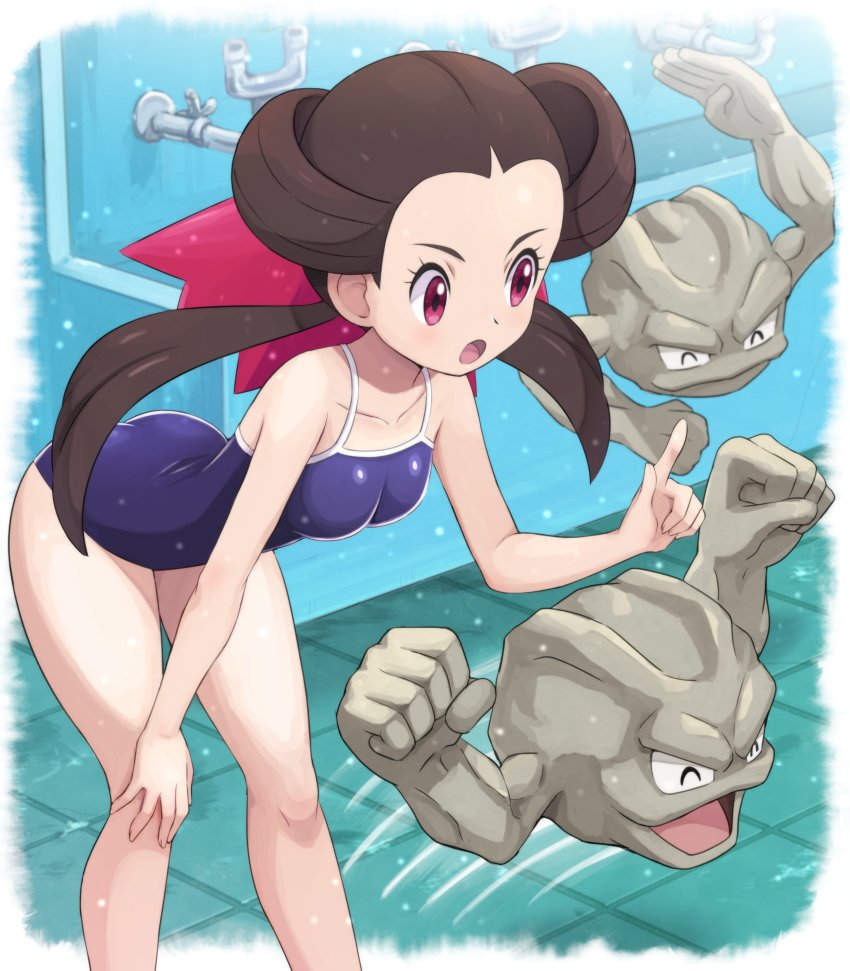 1girl absurdres alternate_costume arched_back ass bent_over blush breasts brown_hair collarbone commentary_request competition_school_swimsuit creatures_(company) eyelashes game_freak gen_1_pokemon geodude hair_ribbon hand_on_own_knee highres index_finger_raised knees long_hair motion_lines nintendo one-piece_swimsuit open_mouth pink_eyes pink_ribbon pokemoa pokemon pokemon_(creature) pokemon_oras purple_one-piece_swimsuit ribbon roxanne_(pokemon) school_swimsuit swimsuit tile_floor tiles tongue twintails