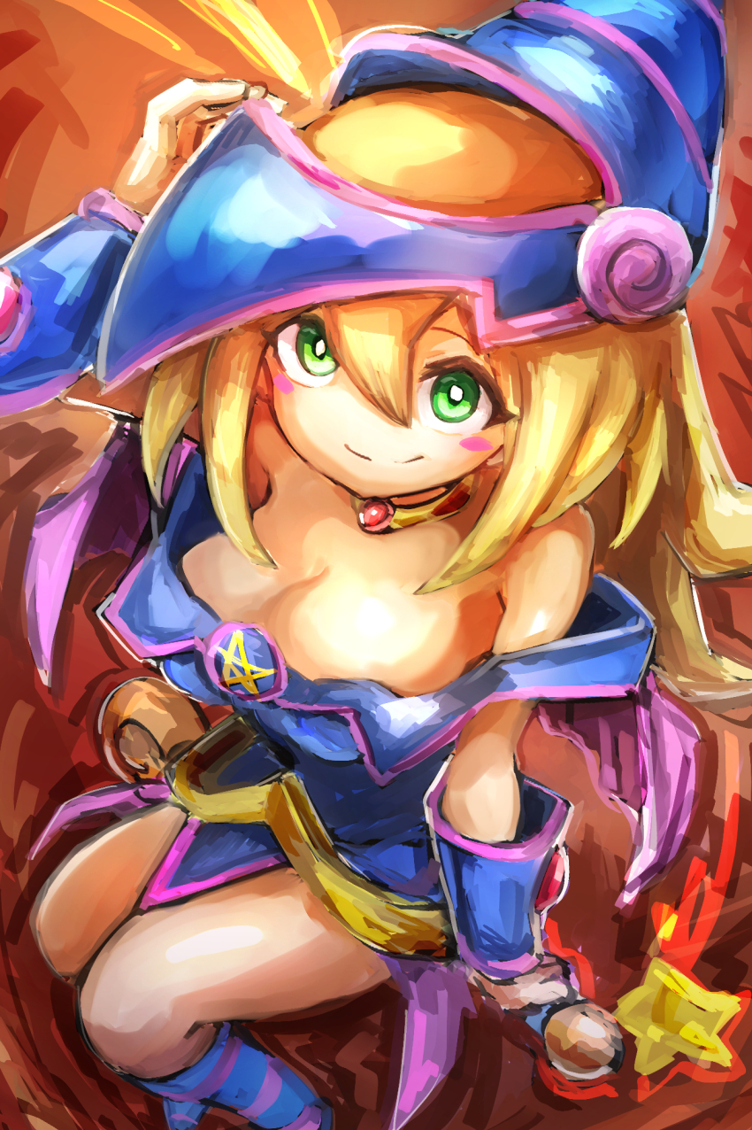 1girl blonde_hair blue_dress breasts cleavage dark_magician_girl dress duel_monster from_above green_eyes hat hatano_kiyoshi highres long_hair looking_at_viewer off-shoulder_dress off_shoulder smile solo witch_hat yu-gi-oh!