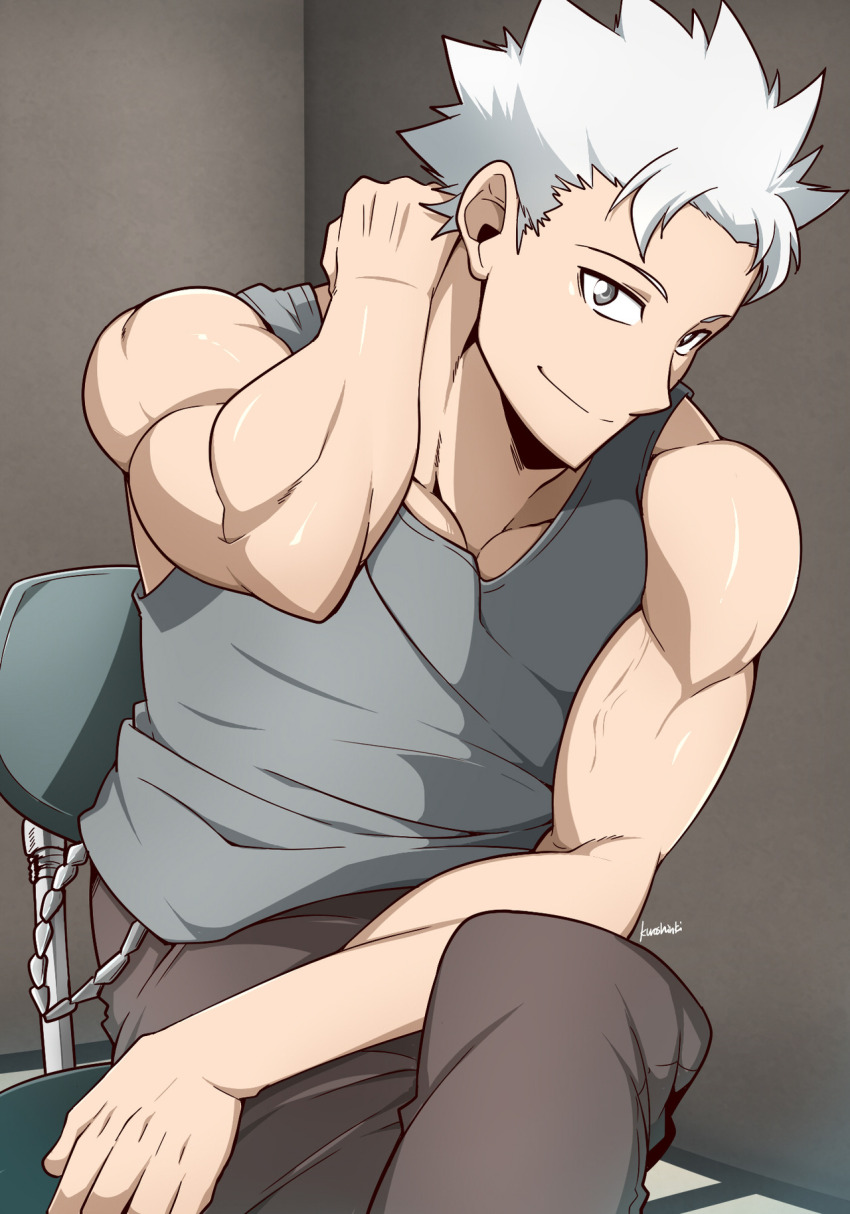 1boy boku_no_hero_academia closed_mouth crossed_legs grey_eyes grey_pants grey_tank_top hand_on_own_neck highres kuroshinki looking_at_viewer male_focus muscular muscular_male on_chair pants short_hair signature sitting smile solo split_mouth tank_top todoroki_natsuo white_hair