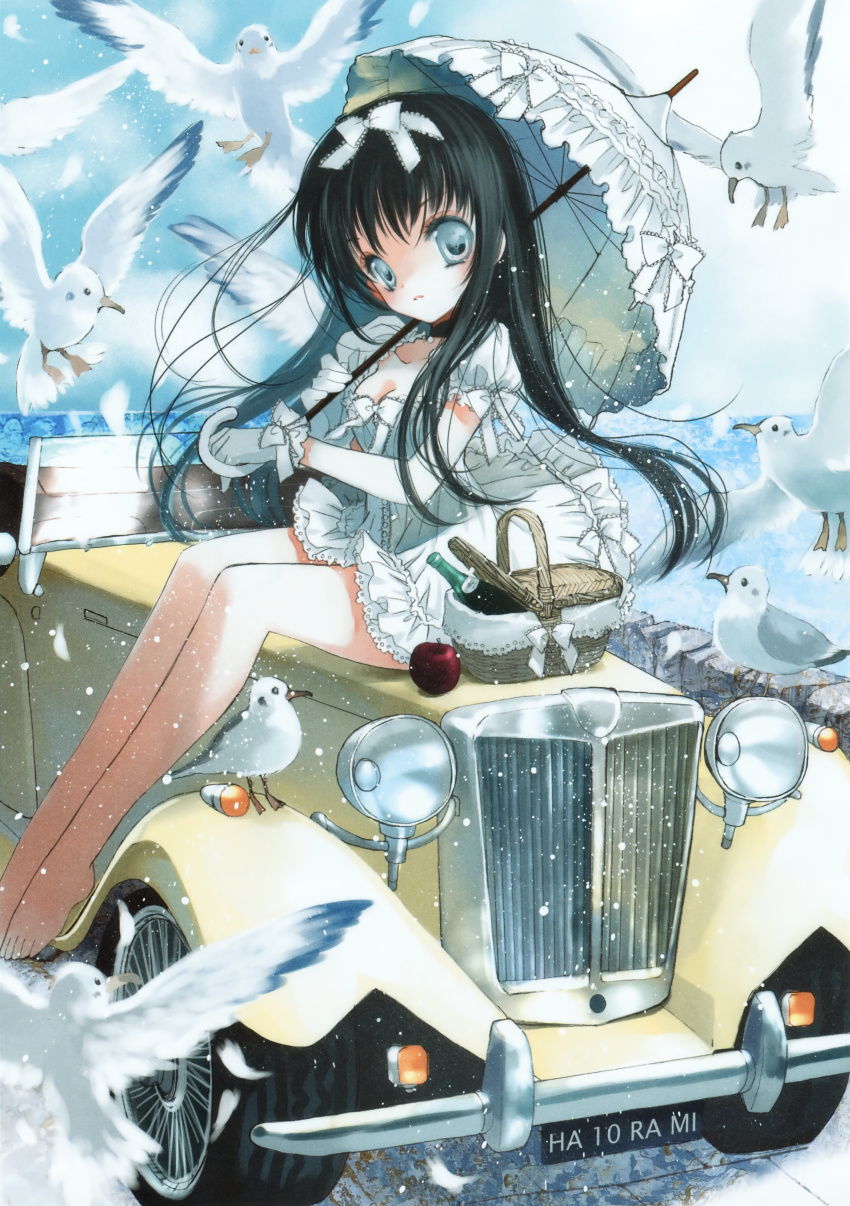 1girl absurdres apple aqua_eyes barefoot bird black_hair bow breasts car cleavage dress female_focus food frilled_dress frills fruit hair_bow hato_rami highres image_sample legs lolita_fashion medium_breasts megami_magazine megami_magazine_deluxe motor_vehicle on_vehicle parasol picnic_basket scan seagull sitting solo umbrella vehicle white_dress