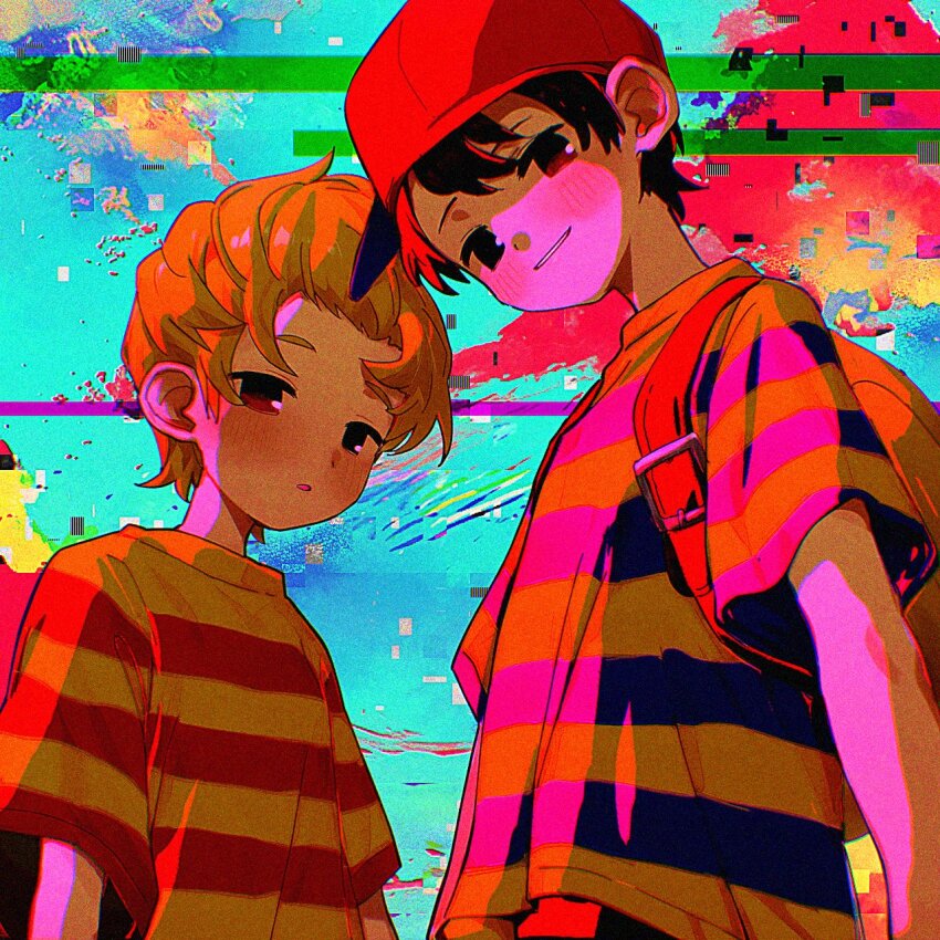 2boys backpack bag baseball_cap black_hair blonde_hair blush commentary glitch hair_between_eyes hat highres looking_at_viewer lucas_(mother_3) male_focus mother_(series) mother_2 mother_3 multicolored_background multiple_boys ness_(mother_2) nintendo otoku_41 parted_lips red_hat shirt short_sleeves sideways_hat striped_clothes striped_shirt symbol-only_commentary