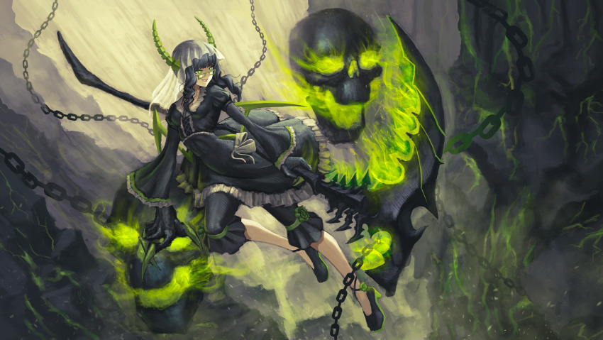 1girl black_dress black_hair black_leggings black_rock_shooter bridal_veil chain dead_master dress fingernails floating_skull glasses green_eyes green_horns green_wings high_heels highres holding holding_scythe horns leggings medium_hair salad_data scythe sharp_fingernails skull veil wings