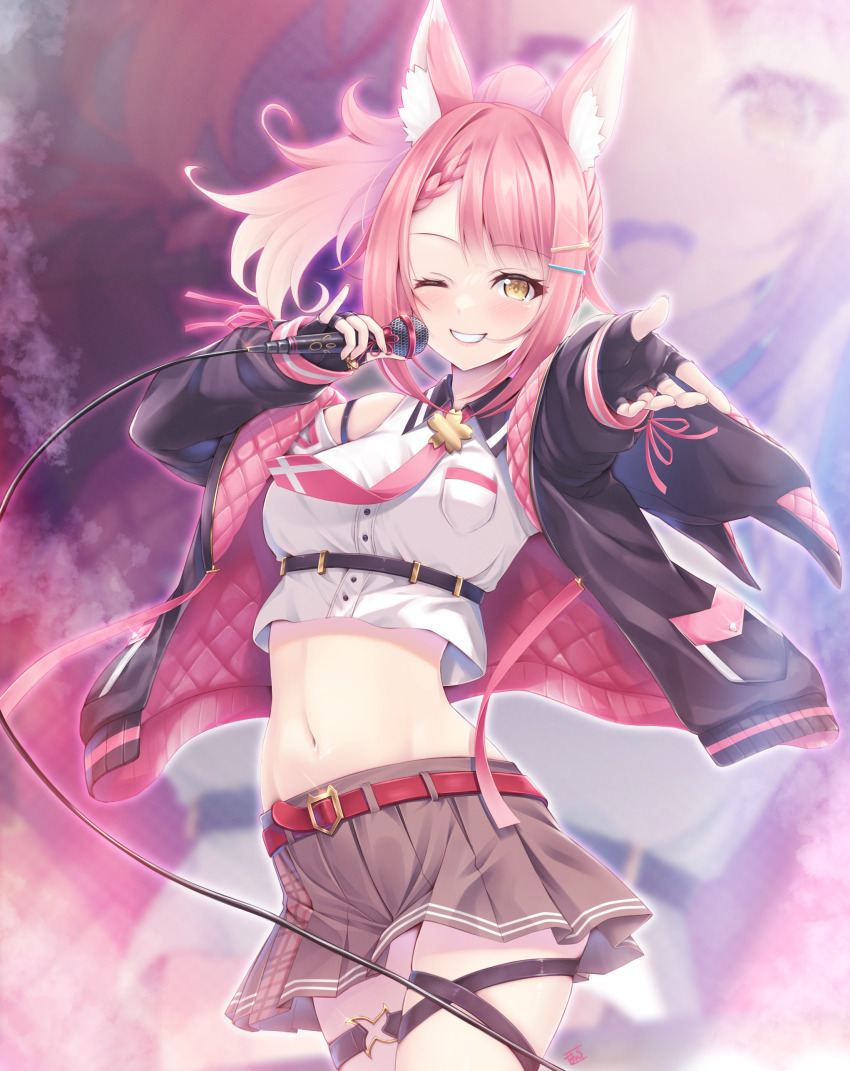 1girl ;) absurdres animal_ear_fluff animal_ears black_gloves black_jacket blush breasts crop_top fingerless_gloves gloves grey_skirt grin high_ponytail highres holding holding_microphone jacket kamishiro_mai_(capti-no) long_sleeves looking_at_viewer medium_breasts microphone midriff navel one_eye_closed open_clothes open_jacket outstretched_arm pink_hair pleated_skirt ponytail propro_production sakuya_azusa shirt skirt sleeves_past_wrists smile solo thigh_strap virtual_youtuber white_shirt yellow_eyes