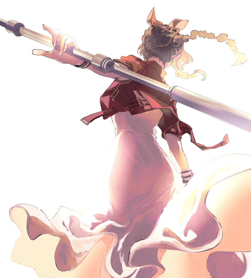 1girl absurdres aerith_gainsborough bangle bracelet braid braided_ponytail brown_hair cropped_jacket demi_co dress fighting_stance final_fantasy final_fantasy_vii final_fantasy_vii_rebirth final_fantasy_vii_remake hair_ribbon highres holding holding_staff jacket jewelry long_dress long_hair pink_dress pink_ribbon red_jacket ribbon short_sleeves sidelocks single_braid solo staff white_background