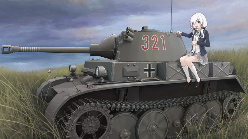 1girl absurdres ars_almal blue_eyes caterpillar_tracks cloud cross day grass highres iron_cross isonokami_furu military military_vehicle motor_vehicle nijisanji panzer_ii skirt sky tank thighhighs twintails uniform virtual_youtuber white_hair