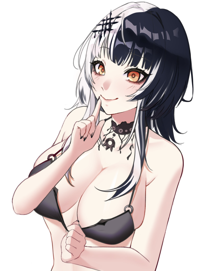 1girl absurdres bikini bikini_pull bikini_top_only black_choker black_hair black_nails blush breasts choker cleavage clothes_pull grey_hair hair_ornament highres hololive hololive_english index_finger_raised kyoko_nya large_breasts long_hair looking_at_viewer multicolored_hair orange_eyes shiori_novella simple_background smile solo split-color_hair swimsuit two-tone_hair upper_body virtual_youtuber white_background