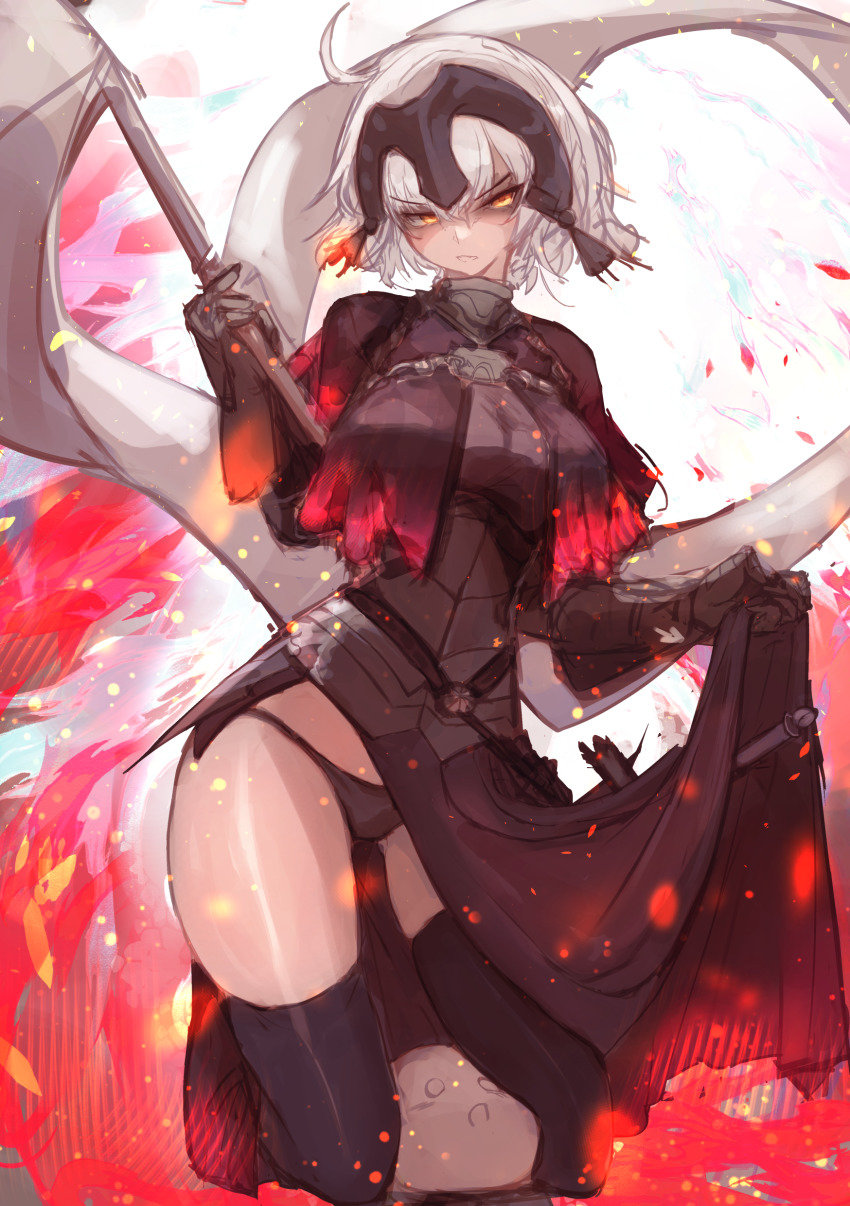 1girl absurdres ahoge armor armored_dress black_panties black_thighhighs breasts chain collar fate/grand_order fate_(series) faulds fire flag gauntlets headpiece highres jeanne_d&#039;arc_(fate) jeanne_d&#039;arc_alter_(avenger)_(fate) jeanne_d&#039;arc_alter_(fate) large_breasts looking_at_viewer metal_collar panties plackart polearm sayo_(sayomayos) short_hair silver_hair sword thighhighs underwear weapon yellow_eyes