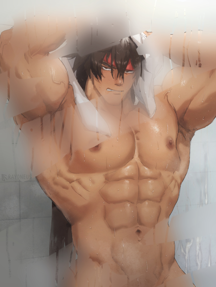 1boy abs annoyed armpits arms_up artist_name bara brown_hair commentary completely_nude condensation drying drying_hair english_commentary glass_door guilty_gear headband highres large_pectorals looking_at_viewer male_focus muscular muscular_male navel nipples nude out-of-frame_censoring pectorals rayoneus sol_badguy solo steam towel veins veiny_arms wet