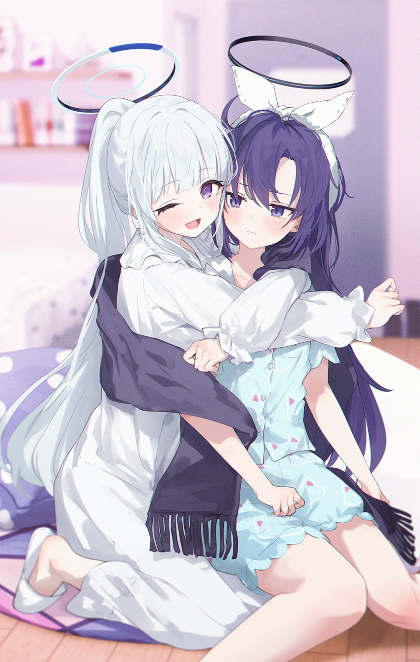 2girls ;d black_scarf blue_archive blue_shirt blue_shorts blurry blurry_background blush closed_mouth comiket_105 commentary depth_of_field dress fringe_trim grey_hair hair_between_eyes hairband halo highres hug hug_from_behind indoors kneeling long_sleeves looking_at_viewer makihitsuji multiple_girls noa_(blue_archive) noa_(pajamas)_(blue_archive) official_alternate_costume one_eye_closed open_mouth pajamas parted_bangs ponytail puffy_long_sleeves puffy_sleeves purple_eyes purple_hair revision ribbon scarf shirt shorts sitting sleeves_past_wrists slippers smile white_dress white_footwear white_hair white_ribbon yuuka_(blue_archive) yuuka_(pajamas)_(blue_archive)