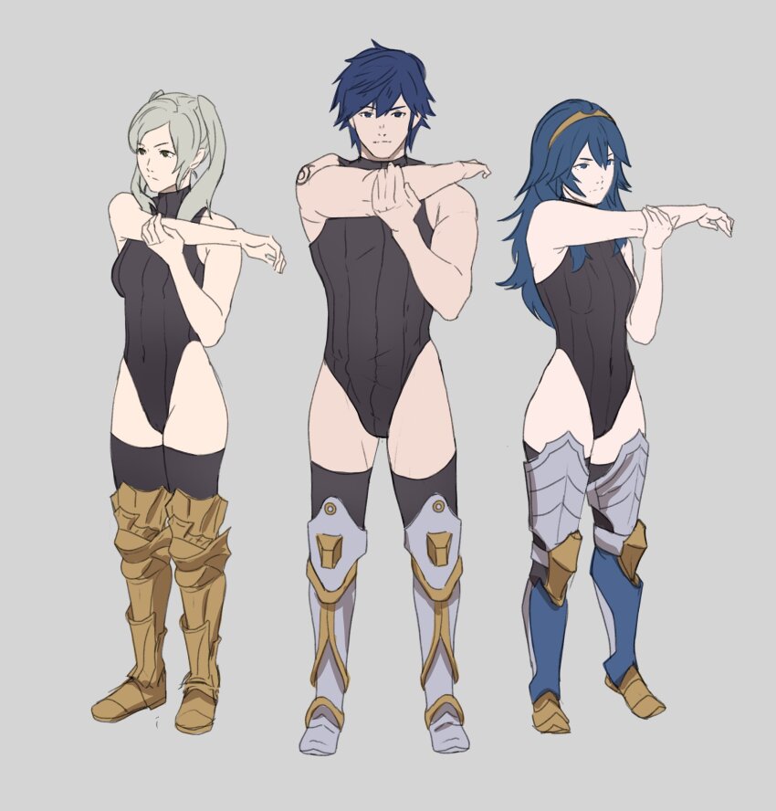 1boy 2girls arm_tattoo bare_arms blue_eyes blue_hair boots chrom_(fire_emblem) fire_emblem fire_emblem_awakening fire_emblem_heroes frown full_body grey_background grey_hair highres leotard long_hair lucina_(fate&#039;s_resolve)_(fire_emblem) lucina_(fire_emblem) medium_hair multiple_girls muscular muscular_male nintendo official_alternate_costume pomelomelon robin_(female)_(fire_emblem) robin_(fire_emblem) short_hair sleeveless standing stretching tattoo thighhighs thighs tiara twintails