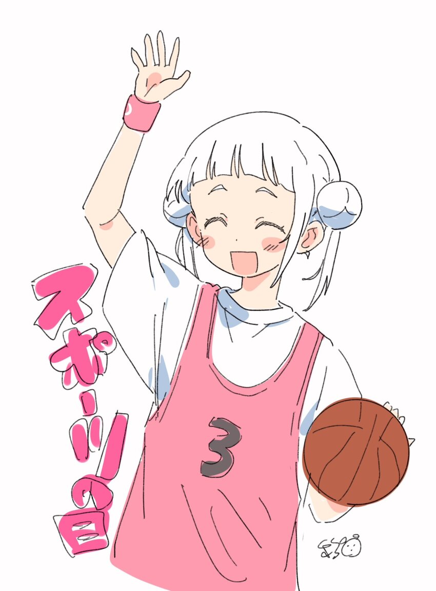 1girl :d ^_^ arashi_chisato arched_bangs arm_up ball basketball_(object) basketball_uniform blush_stickers closed_eyes colored_eyelashes double_bun hair_bun highres love_live! love_live!_superstar!! medium_hair open_mouth pink_tank_top pink_wristband shirt short_sleeves sidelocks signature simple_background smile solo sportswear taneda_yuuta tank_top translated twintails upper_body white_background white_hair white_shirt