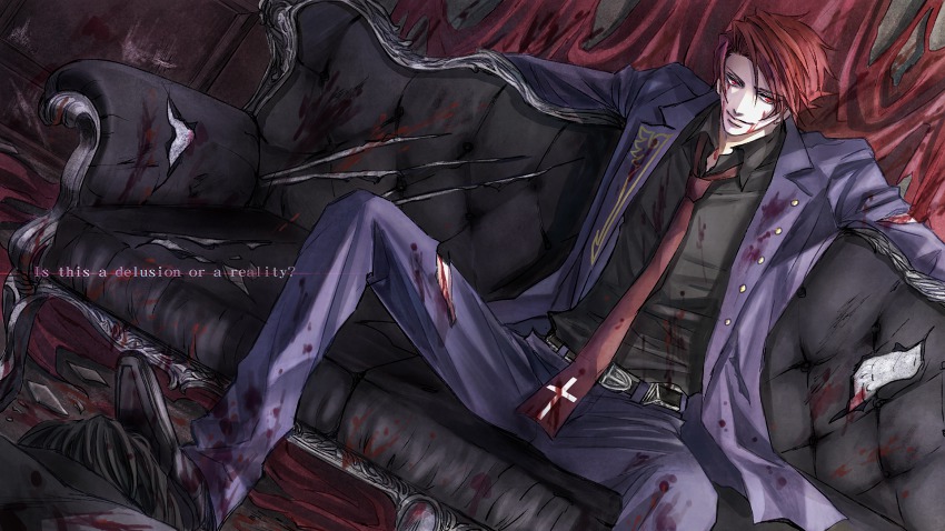 1boy bad_id bad_pixiv_id black_battler blood couch cross dark_persona english_text formal_clothes highres injury kaoru male_focus necktie ougon_musou_kyoku purple_theme red_eyes red_hair shoes sitting smile solo suit torn_clothes umineko_no_naku_koro_ni ushiromiya_battler