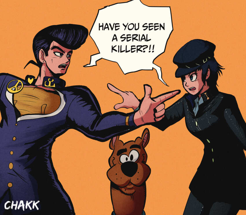 1girl 2boys black_hair chakkrx crossover diamond_wa_kudakenai dog hat higashikata_josuke highres jojo_no_kimyou_na_bouken multiple_boys orange_background peace_symbol persona persona_4 pointing pompadour school_uniform scooby-doo scooby-doo_(character) shirogane_naoto shirt simple_background yasogami_school_uniform yellow_shirt