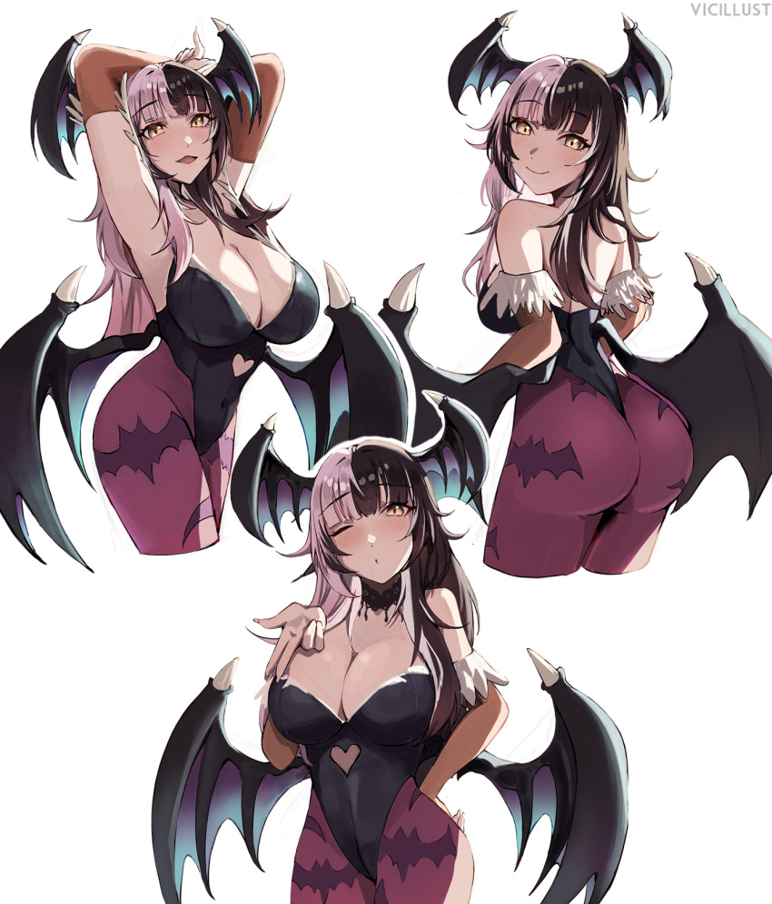 1girl animal_print ass bare_shoulders bat_print bat_wings black_hair black_leotard blowing_kiss blush breasts bridal_gauntlets cleavage clothing_cutout cosplay darkstalkers demon_girl foreshortening gloves grey_hair head_wings heart_cutout highres hololive hololive_english huge_ass large_breasts leotard long_hair looking_at_viewer morrigan_aensland morrigan_aensland_(cosplay) multicolored_hair multiple_views one_eye_closed pantyhose print_pantyhose shiori_novella smile split-color_hair two-tone_hair vicarious virtual_youtuber white_background wings yellow_eyes