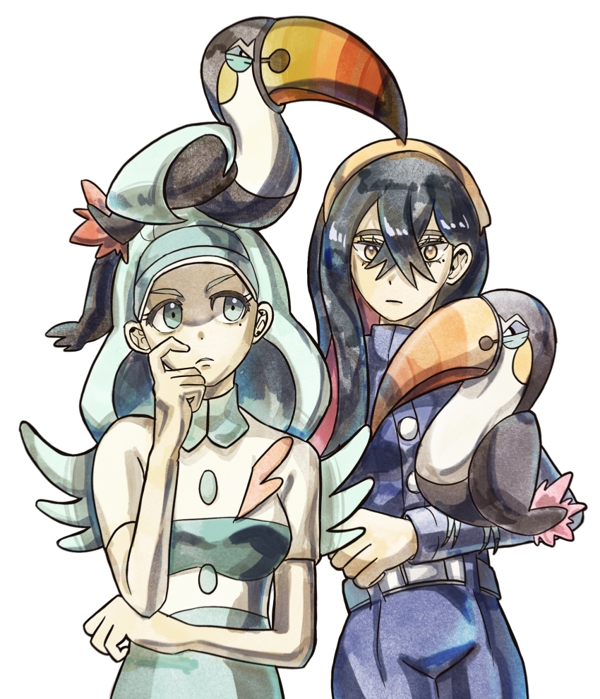 2girls animal bird black_hair blue_eyes blue_hair carmine_(pokemon) creatures_(company) game_freak gen_7_pokemon highres kahili_(pokemon) mole mole_under_eye multiple_girls nintendo pokemon pokemon_(creature) pokemon_sm pokemon_sv simple_background thekolabo toucan toucannon white_background yellow_eyes