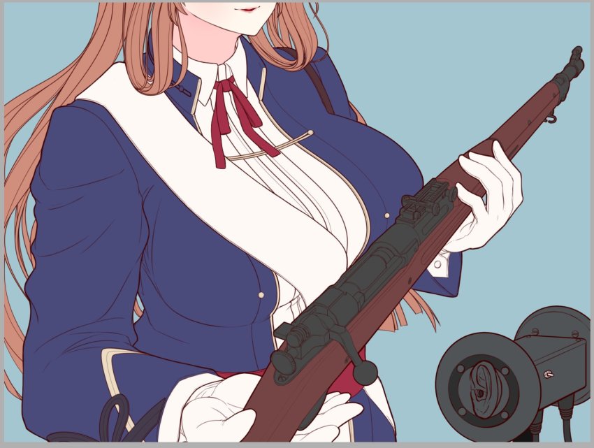 1girl asmr bolt_action breasts girls&#039;_frontline gloves gun head_out_of_frame holding holding_gun holding_weapon large_breasts long_hair m1903_springfield orange_hair parted_lips rifle shimogami_migihidari solo springfield_(girls&#039;_frontline) very_long_hair weapon white_gloves