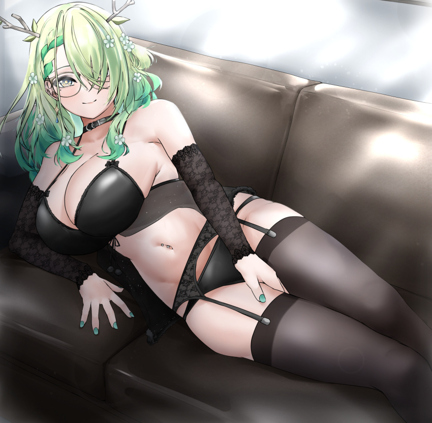 1girl aidoruhakase antlers black_bra black_panties black_thighhighs bra breasts ceres_fauna coach garter_belt green_eyes green_hair hair_over_one_eye highres hololive hololive_english horns large_breasts panties solo thighhighs underwear virtual_youtuber