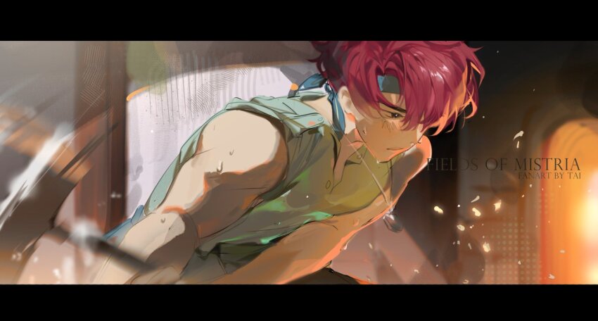 1boy artist_name blue_headband commentary copyright_name english_commentary fields_of_mistria green_tank_top hammer headband holding holding_hammer jewelry letterboxed male_focus march_(fields_of_mistria) necklace red_hair short_hair solo sweat swinging tank_top vt_tai