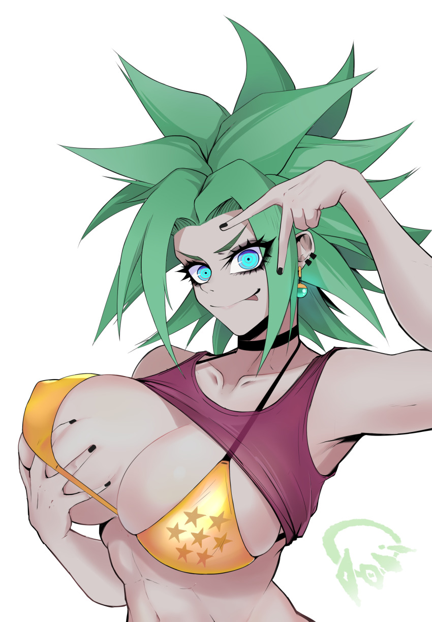 1girl abs absurdres bikini black_choker black_nails blue_eyes breasts choker clothes_lift collarbone doli_palta dragon_ball dragon_ball_super ear_piercing earrings grabbing_own_breast green_hair highres jewelry kefla_(dragon_ball) large_breasts looking_at_viewer muscular muscular_female navel piercing potara_earrings shirt_lift smile solo spiked_hair star_(symbol) swimsuit tongue tongue_out v white_background yellow_bikini