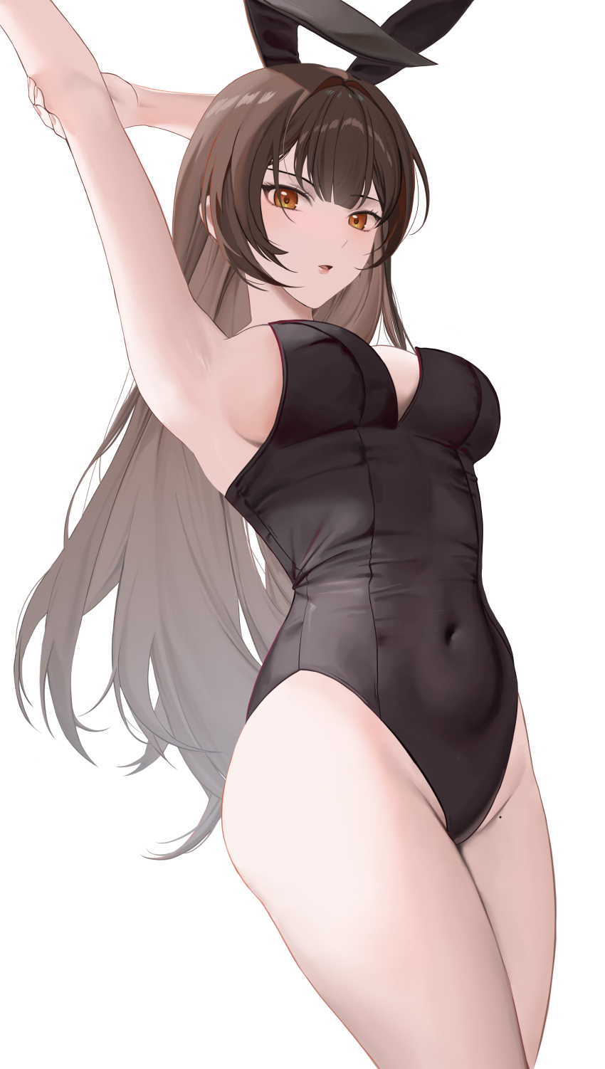 1girl absurdres animal_ears armpits arms_up black_leotard breasts brown_eyes brown_hair covered_erect_nipples cowboy_shot fake_animal_ears gani1127 groin highres holding_own_arm leotard long_hair looking_at_viewer medium_breasts mole mole_on_groin original parted_lips playboy_bunny rabbit_ears sideboob simple_background solo white_background