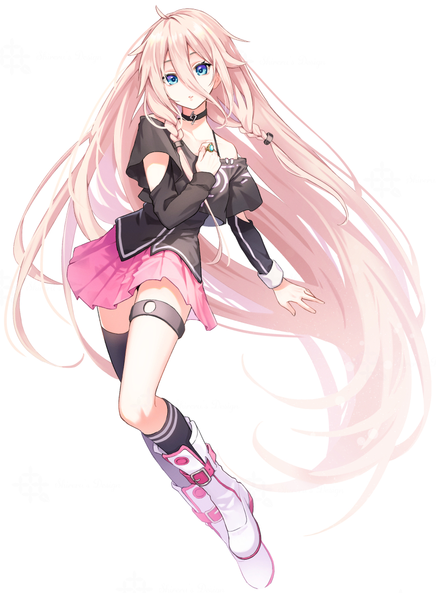 1girl absurdly_long_hair ahoge asymmetrical_legwear bare_shoulders black_shirt black_socks black_thighhighs blonde_hair blue_eyes boots braid choker collarbone floating_hair full_body hair_between_eyes highres ia_(vocaloid) jewelry knee_boots kneehighs long_bangs long_hair long_sleeves looking_at_viewer miniskirt off-shoulder_shirt off_shoulder parted_lips pink_hair pink_skirt pleated_skirt ring shireru_illust shirt simple_background single_kneehigh single_sock single_thighhigh skirt socks solo thigh_strap thighhighs twin_braids uneven_legwear very_long_hair vocaloid white_background white_footwear