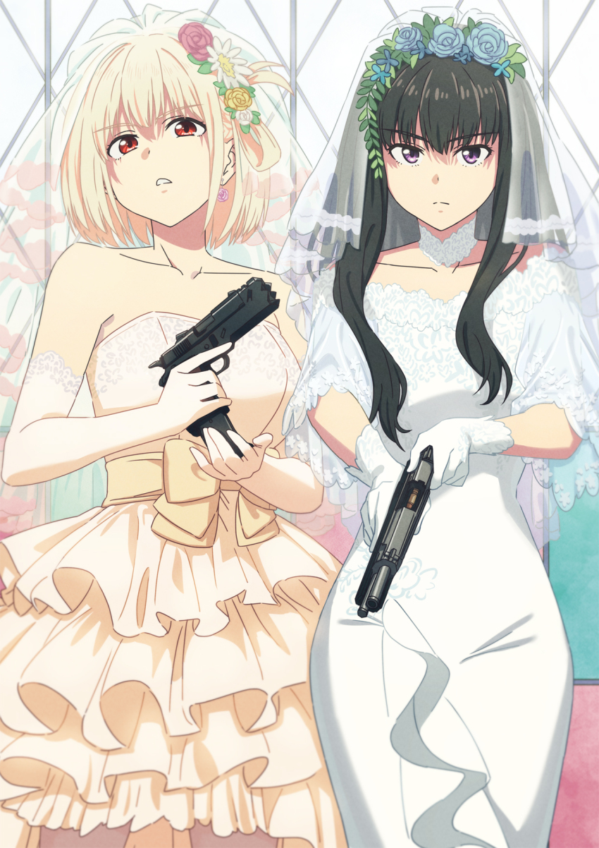 2girls angry asada7101 black_hair blonde_hair blue_flower dress expressionless flower gun hair_flower hair_ornament handgun highres inoue_takina looking_at_viewer lycoris_recoil m1911 multiple_girls nishikigi_chisato red_eyes reloading weapon wedding_dress white_dress white_flower yellow_dress