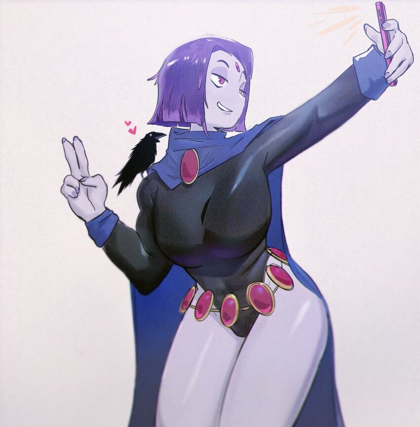 1girl animal animal_on_shoulder bird bird_on_shoulder black_leotard blue_cape bob_cut cape cellphone collared_leotard colored_skin crow dc_comics forehead_jewel heart highres holding holding_phone leotard looking_to_the_side phone purple_hair purple_skin raven_(dc) selfie short_hair smartphone smile taking_picture teen_titans yurrl