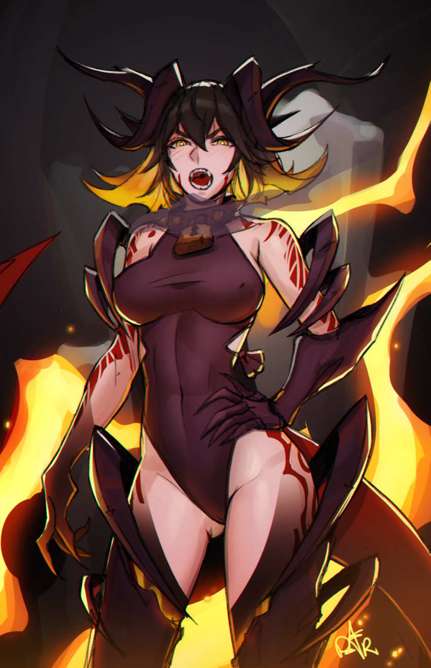 1girl black_dragon_girl_(distr) black_hair black_thighhighs blonde_hair breasts brown_leotard covered_erect_nipples distr dragon_horns dragon_tail fire gauntlets gluteal_fold hand_on_own_hip highres horns large_breasts leotard looking_at_viewer multicolored_hair multiple_horns open_mouth original solo tail tattoo thighhighs two-tone_hair yellow_eyes