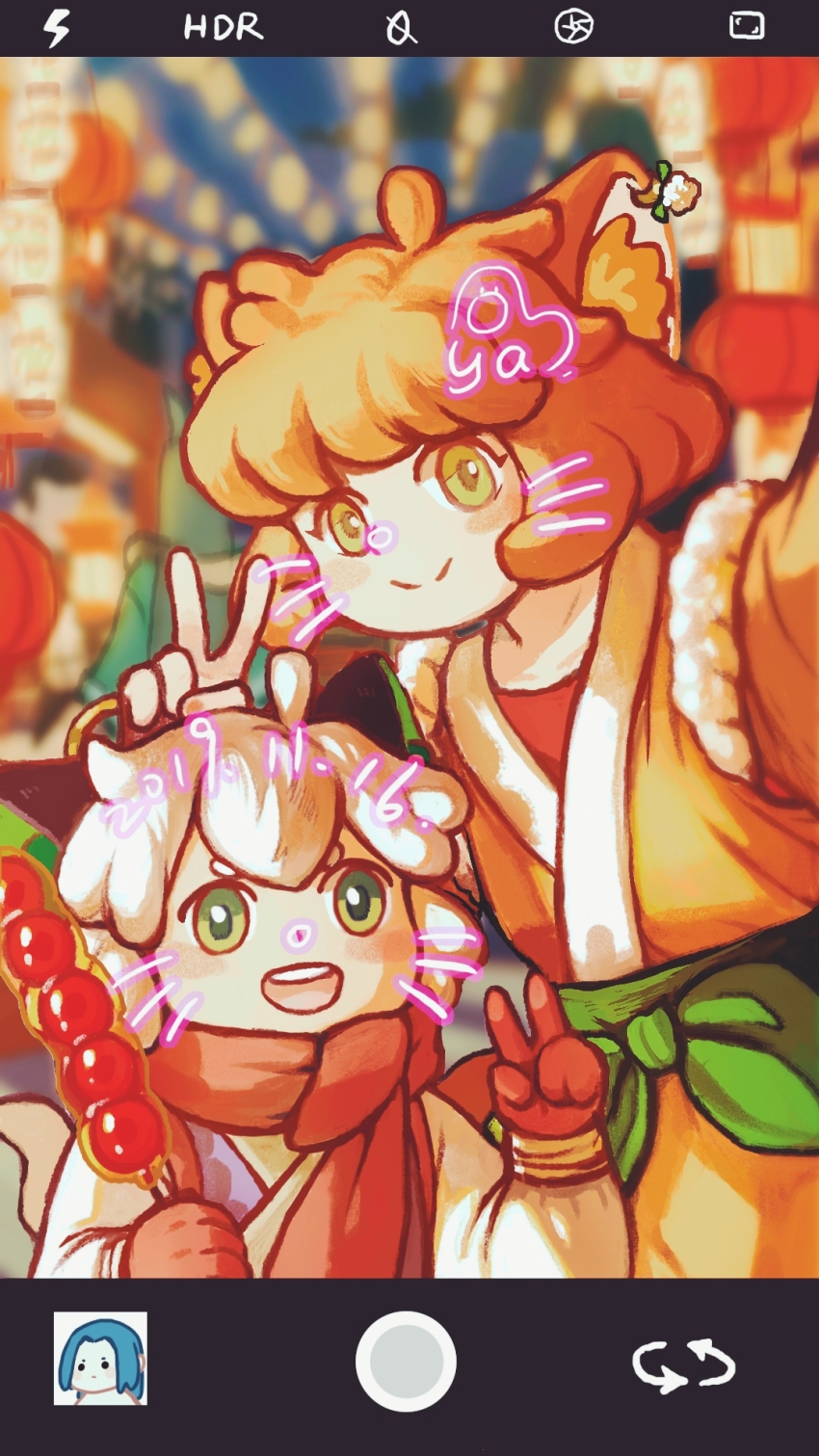 1boy 1girl animal_ear_fluff animal_ears blurry blurry_background blush cat_boy cat_ears fake_phone_screenshot fake_screenshot festival fox_ears fox_girl gloves green_eyes height_difference highres luo_xiaohei luo_xiaohei_(human) luo_xiaohei_zhanji open_mouth orange_hair qingjian900 red_gloves red_scarf ruoshui_(the_legend_of_luoxiaohei) scarf selfie short_hair smile upper_body v white_hair