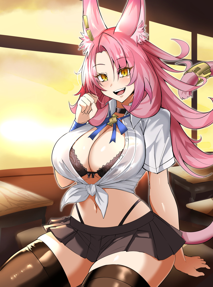 1girl absurdres alternate_costume american_school_uniform animal_ear_fluff animal_ears breasts cat_ears cleavage desk duel_monster ear_piercing highleg highleg_panties highres large_breasts long_hair midriff miniskirt navel on_desk open_mouth panties piercing pink_hair shirt sitting skirt solo synchroman tail tail_ornament tail_ring thighhighs tied_shirt tri-brigade_ferrijit_the_barren_blossom underwear yellow_eyes yu-gi-oh!