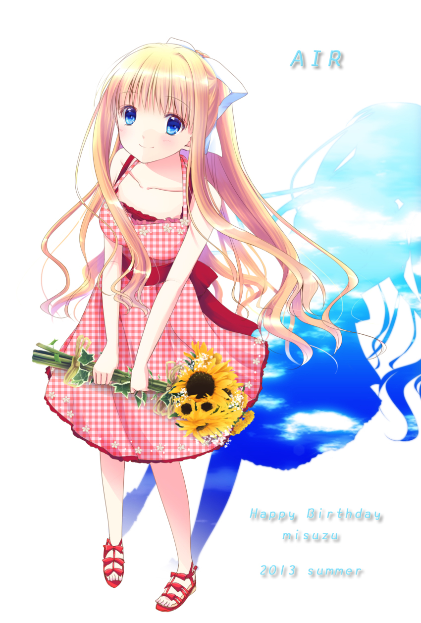 00s 1girl air_(visual_novel) blonde_hair blue_eyes dress female_focus flower highres kamio_misuzu long_hair ponytail roco smile solo sunflower very_long_hair