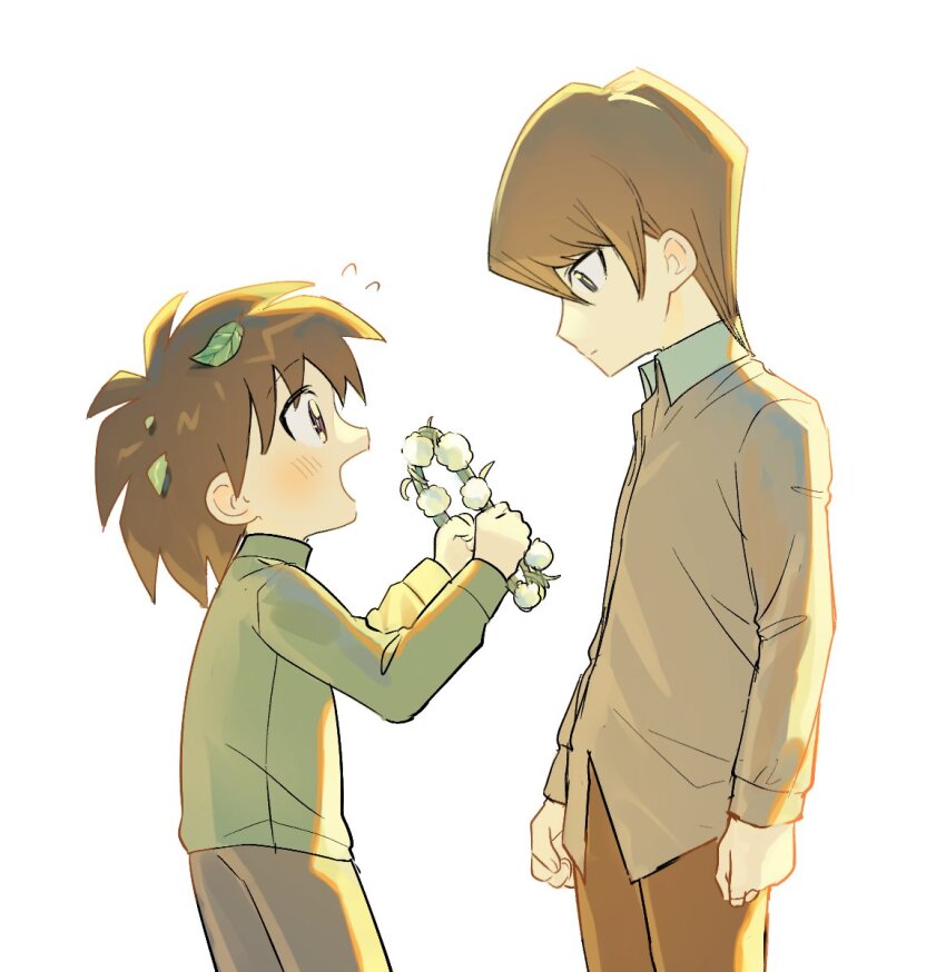 2boys blush brothers brown_hair brown_pants brown_shirt clenched_hands collared_shirt commentary_request expressionless flower flying_sweatdrops from_side green_shirt happy high_collar highres holding holding_flower kaiba_mokuba kaiba_seto leaf leaf_on_head male_focus medium_hair messy_hair moemoenomori multiple_boys open_mouth pants shirt siblings simple_background smile upper_body white_background wide-eyed yu-gi-oh! yu-gi-oh!_duel_monsters