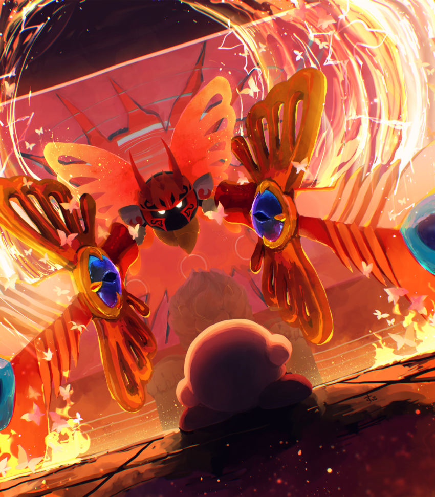 absurdres armor battle broken_glass butterfly_wings dual_wielding embers fire floating glass glowing glowing_eyes highres holding horned_mask huge_weapon insect_wings kirby kirby_(series) kirby_and_the_forgotten_land leongar mask midair morpho_knight nintendo shoulder_armor spoilers suyasuyabi weapon wings