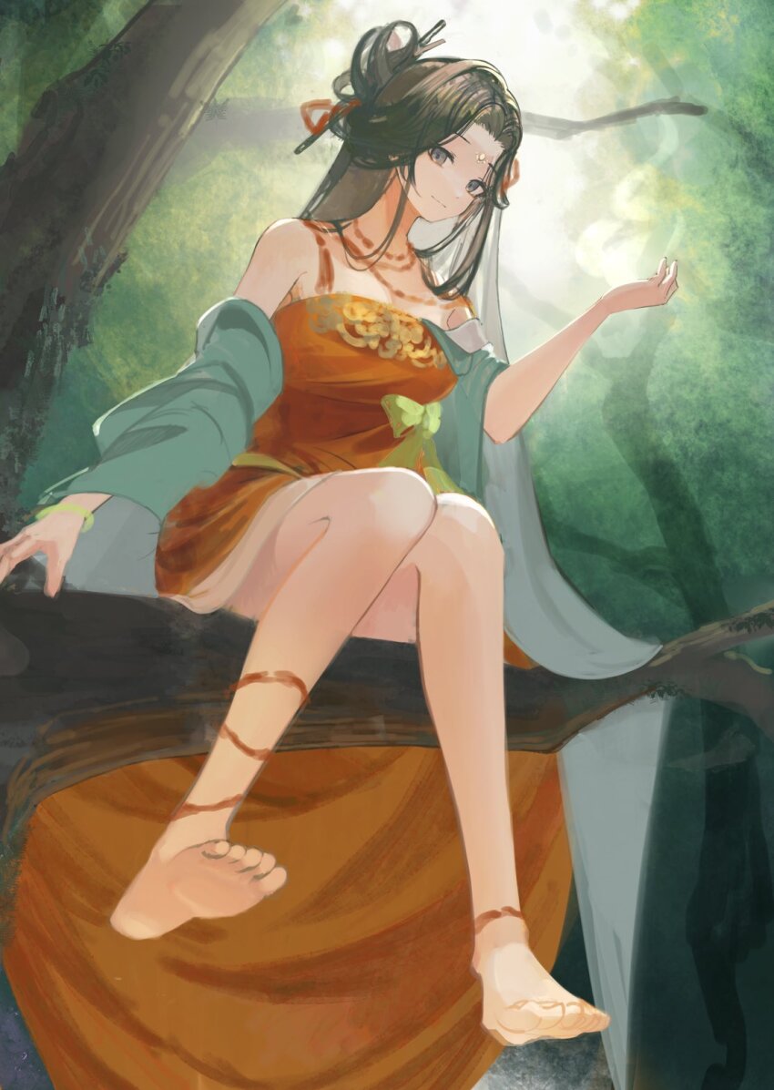 1girl ankle_rope bare_legs bare_shoulders barefoot black_eyes black_hair bracelet chinese_clothes dress facial_mark forehead_mark forest from_below full_body green_sleeves hair_branch hand_up highres in_tree jewelry jiu_niangzi long_dress long_hair looking_at_viewer nature necklace nnicoinu off_shoulder on_branch outdoors red_dress reverse:1999 sitting sitting_in_tree sitting_on_branch smile solo tree wide_sleeves